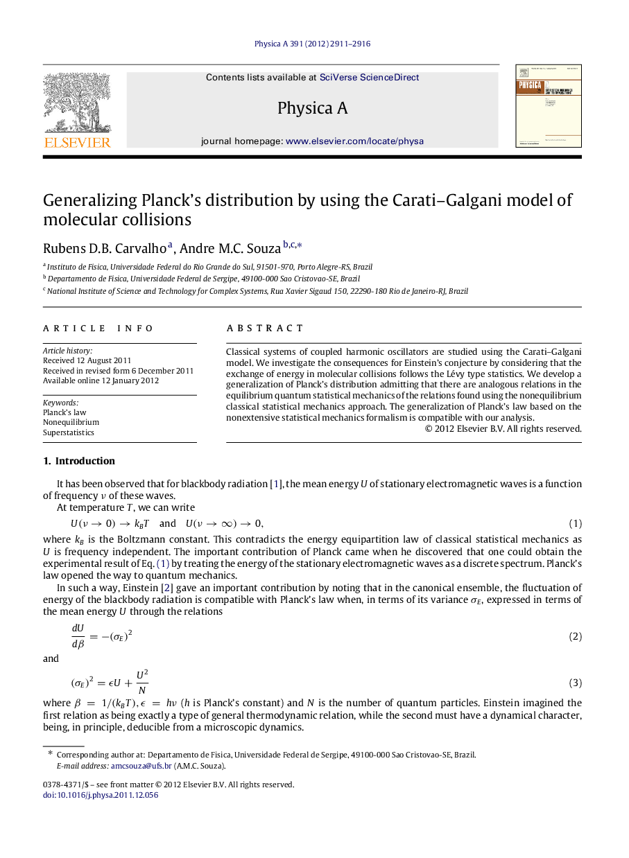 Generalizing Planck's distribution by using the Carati-Galgani model of molecular collisions