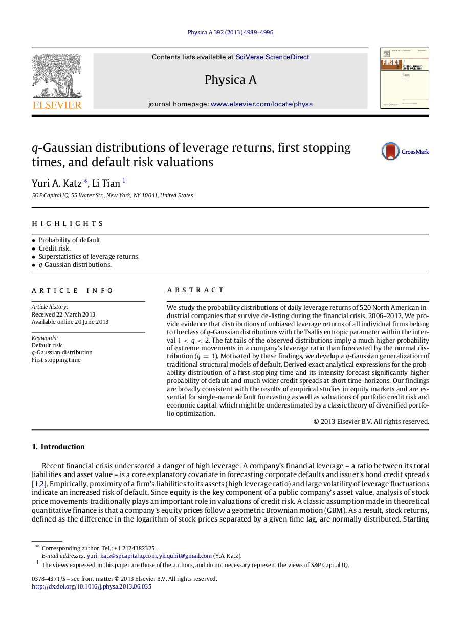 q-Gaussian distributions of leverage returns, first stopping times, and default risk valuations