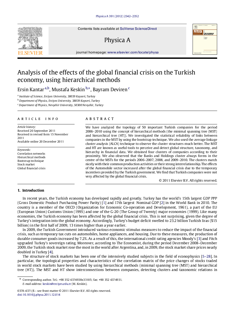 Analysis of the effects of the global financial crisis on the Turkish economy, using hierarchical methods