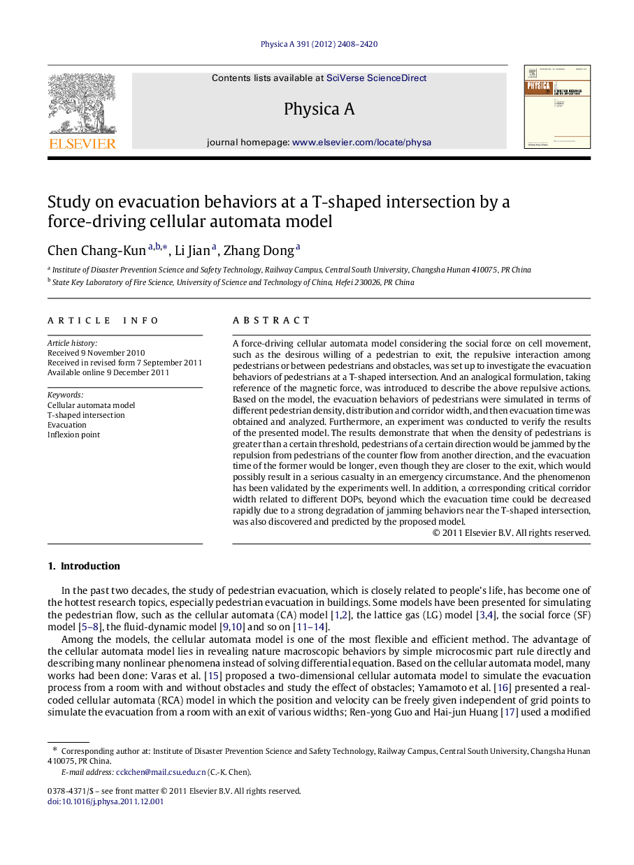 Study on evacuation behaviors at a T-shaped intersection by a force-driving cellular automata model