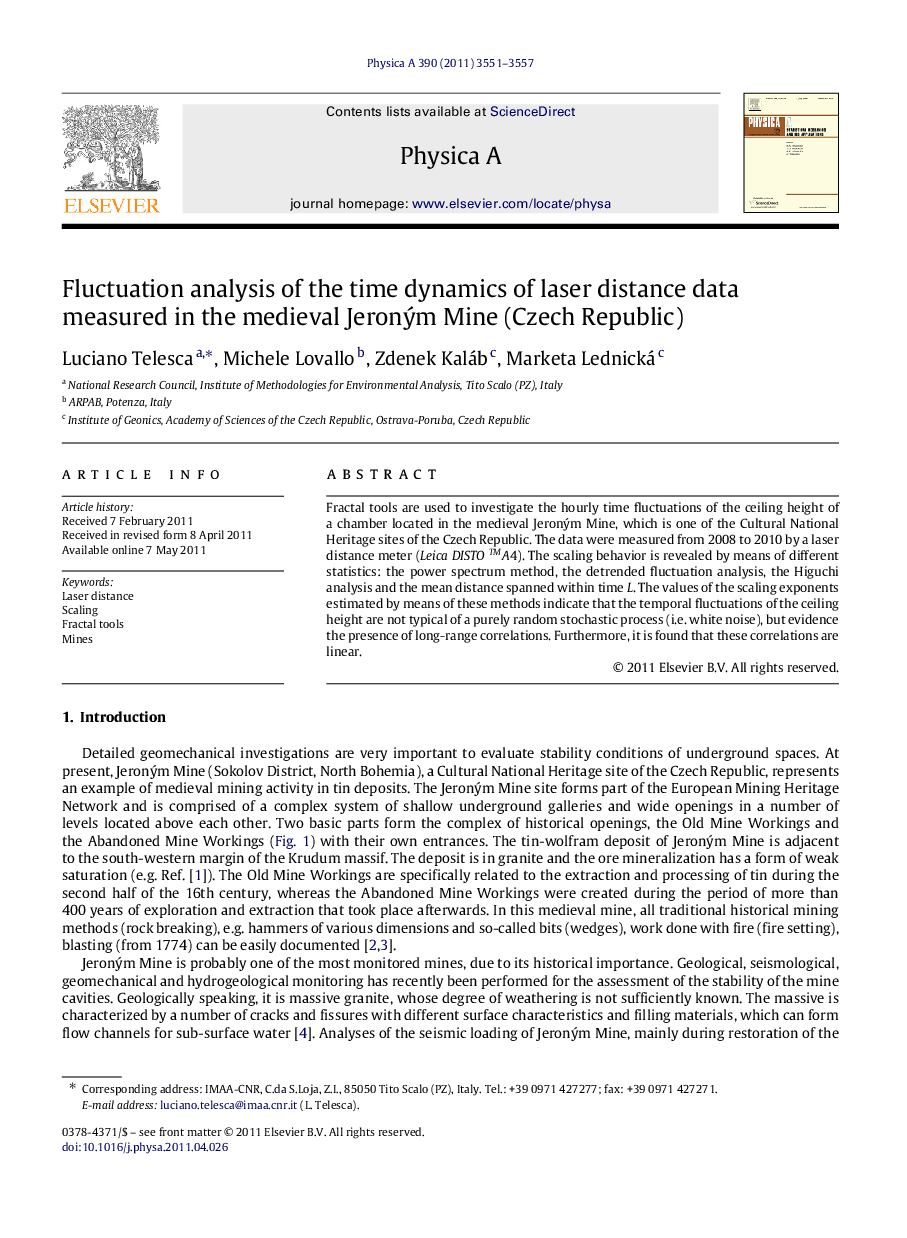 Fluctuation analysis of the time dynamics of laser distance data measured in the medieval JeronÃ½m Mine (Czech Republic)