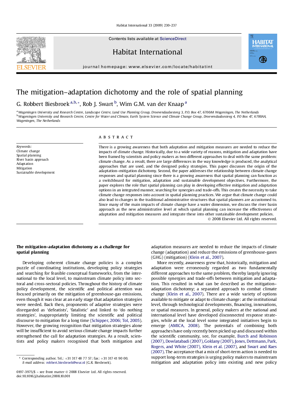 The mitigation–adaptation dichotomy and the role of spatial planning