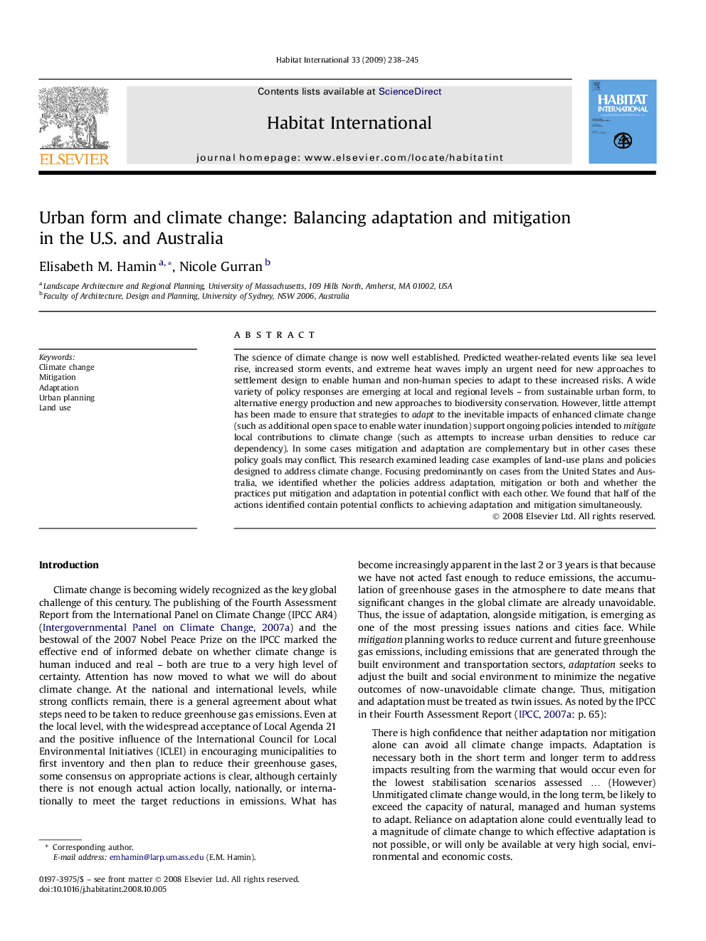 عکس صفحه اول مقاله: Urban form and climate change: Balancing adaptation and mitigation in the U.S. and Australia Urban form and climate change: Balancing adaptation and mitigation in the U.S. and Australia