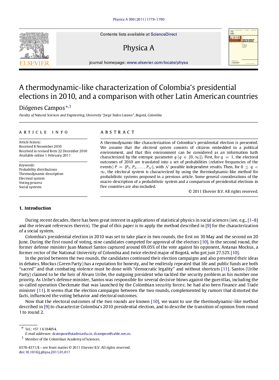 A thermodynamic-like characterization of Colombia's presidential elections in 2010, and a comparison with other Latin American countries