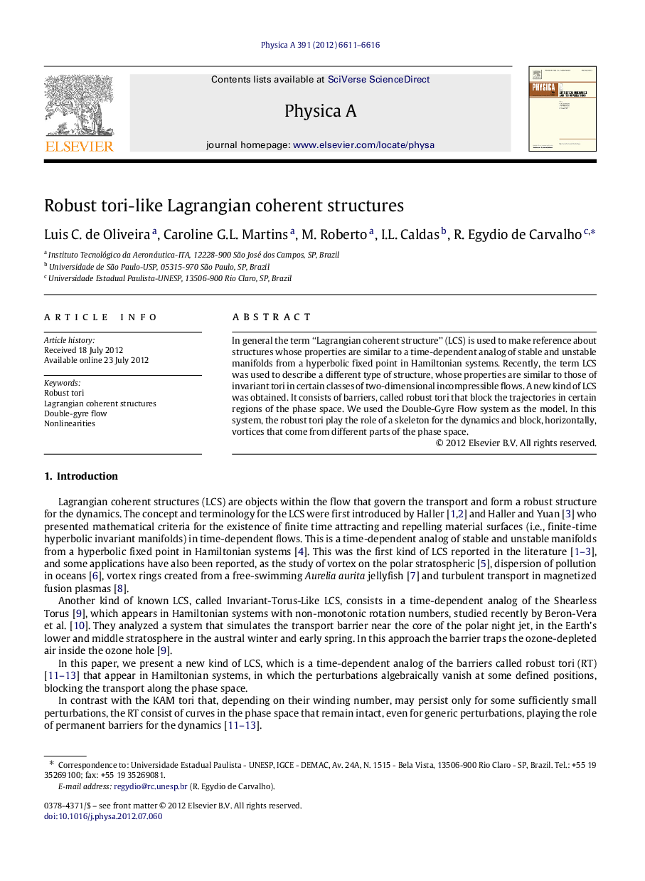 عکس صفحه اول مقاله: Robust tori-like Lagrangian coherent structures Robust tori-like Lagrangian coherent structures