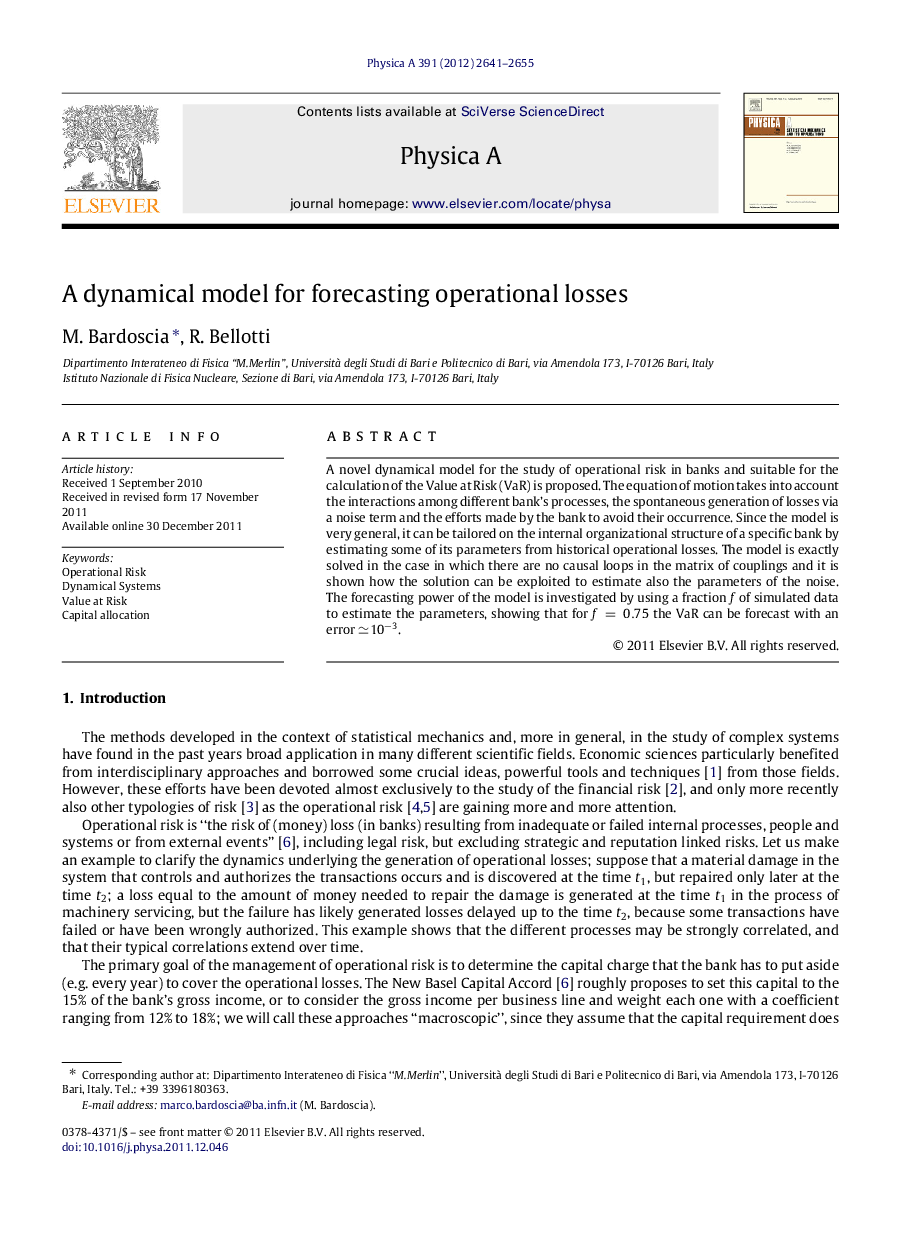 A dynamical model for forecasting operational losses