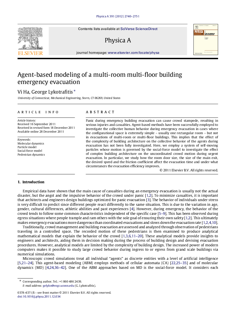 Agent-based modeling of a multi-room multi-floor building emergency evacuation