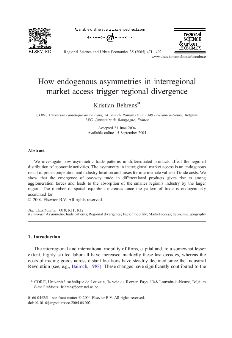 How endogenous asymmetries in interregional market access trigger regional divergence