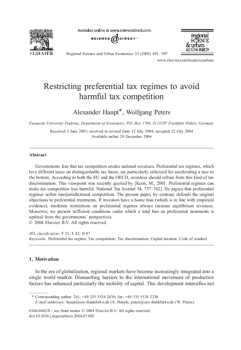 Restricting preferential tax regimes to avoid harmful tax competition