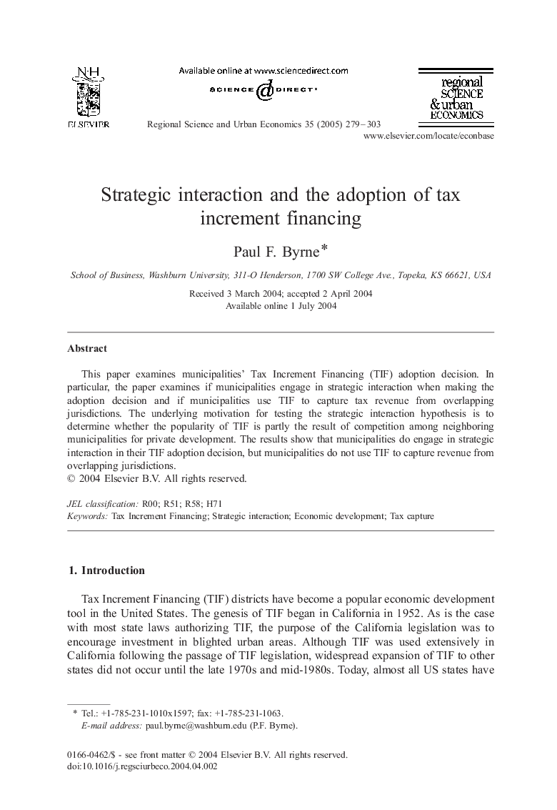 Strategic interaction and the adoption of tax increment financing