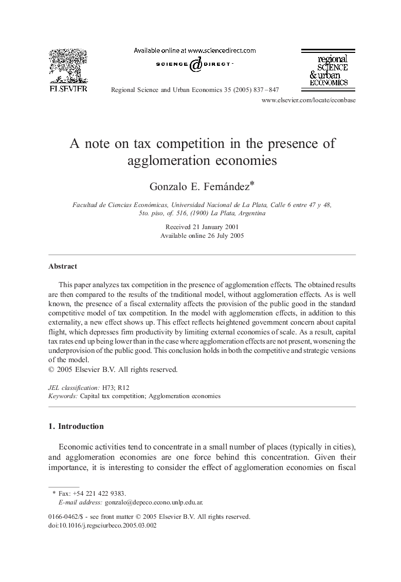 A note on tax competition in the presence of agglomeration economies