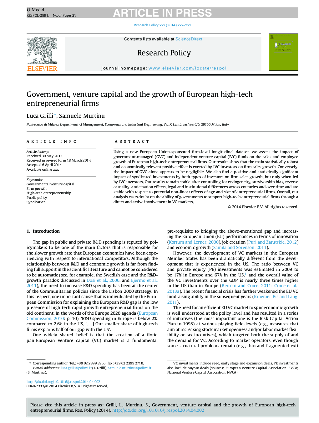 Government, venture capital and the growth of European high-tech entrepreneurial firms