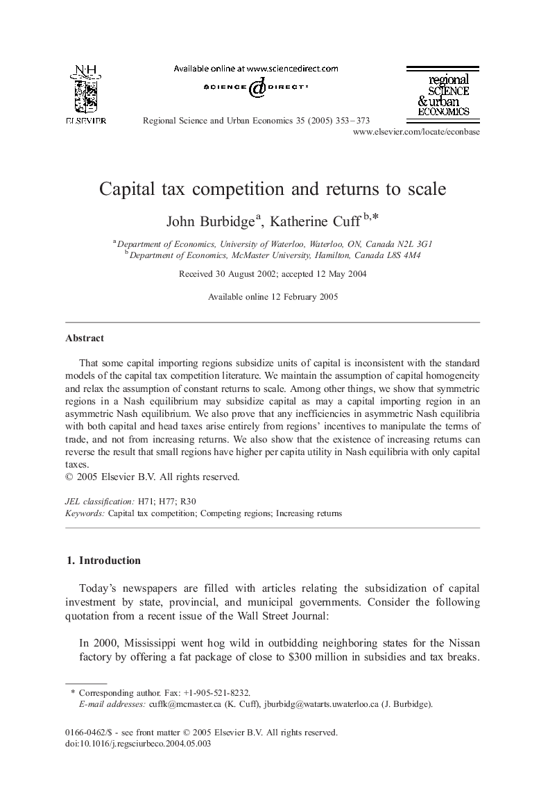 Capital tax competition and returns to scale