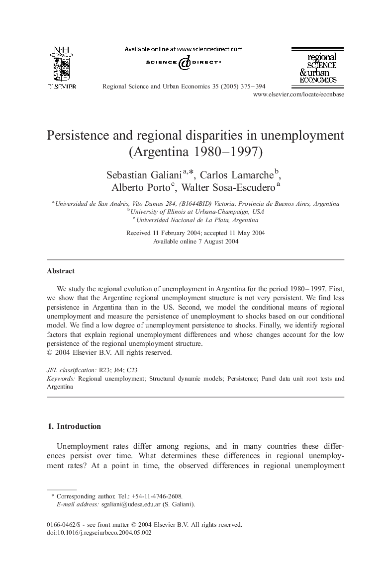 Persistence and regional disparities in unemployment (Argentina 1980-1997)