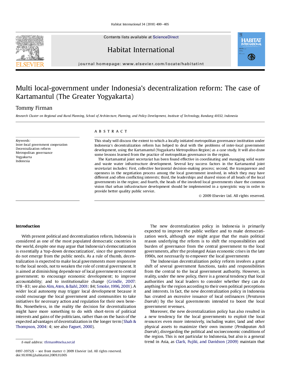 Multi local-government under Indonesia’s decentralization reform: The case of Kartamantul (The Greater Yogyakarta)