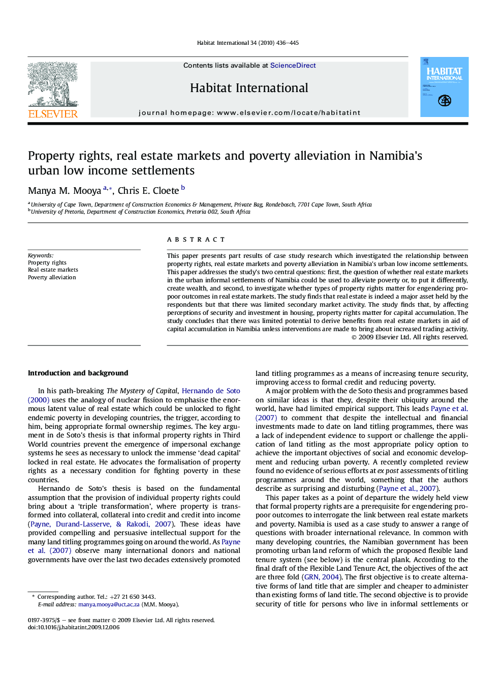 Property rights, real estate markets and poverty alleviation in Namibia's urban low income settlements