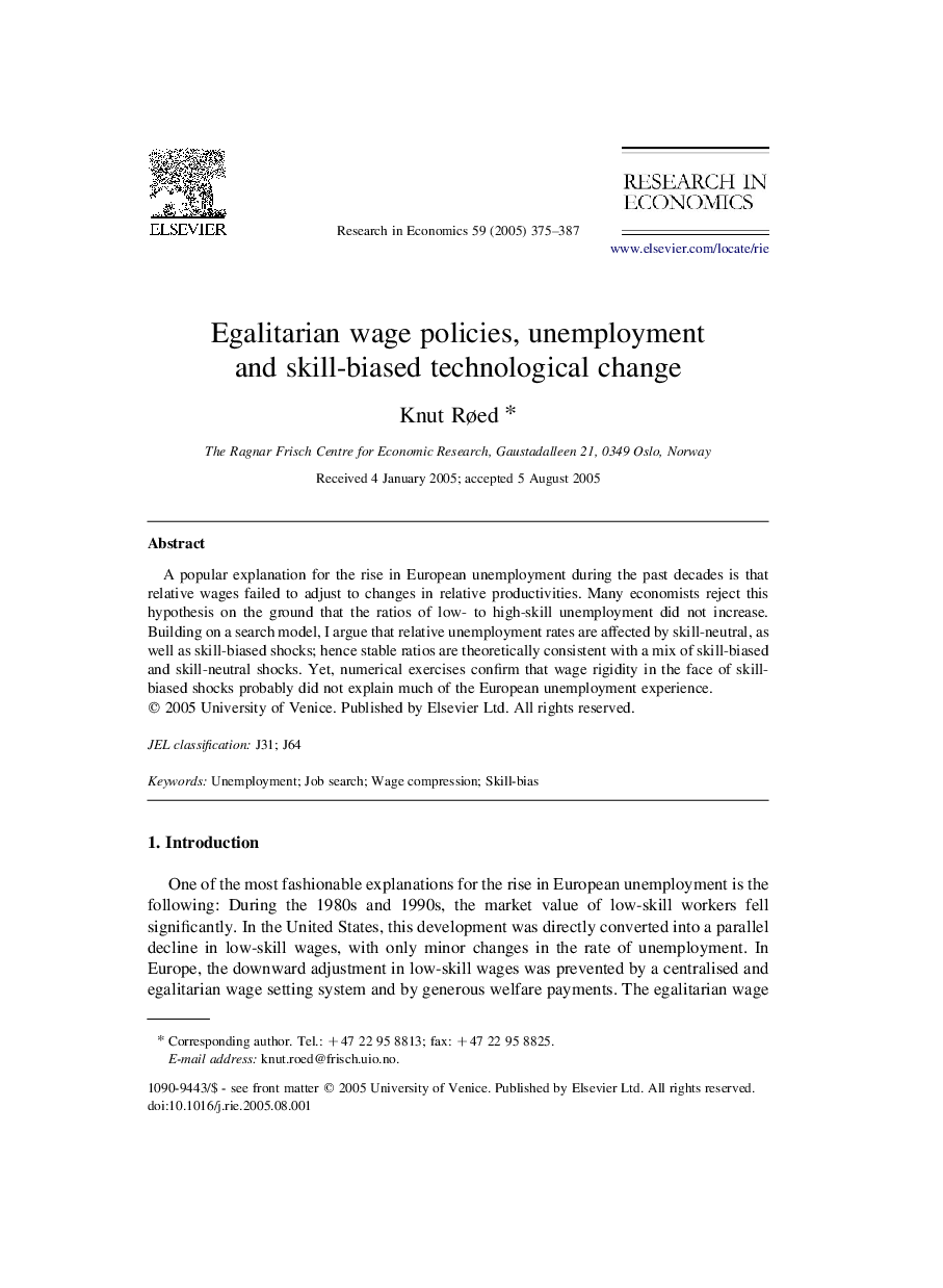 عکس صفحه اول مقاله: Egalitarian wage policies, unemployment and skill-biased technological change Egalitarian wage policies, unemployment and skill-biased technological change