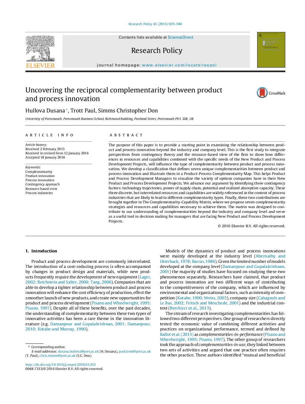 Uncovering the reciprocal complementarity between product and process innovation