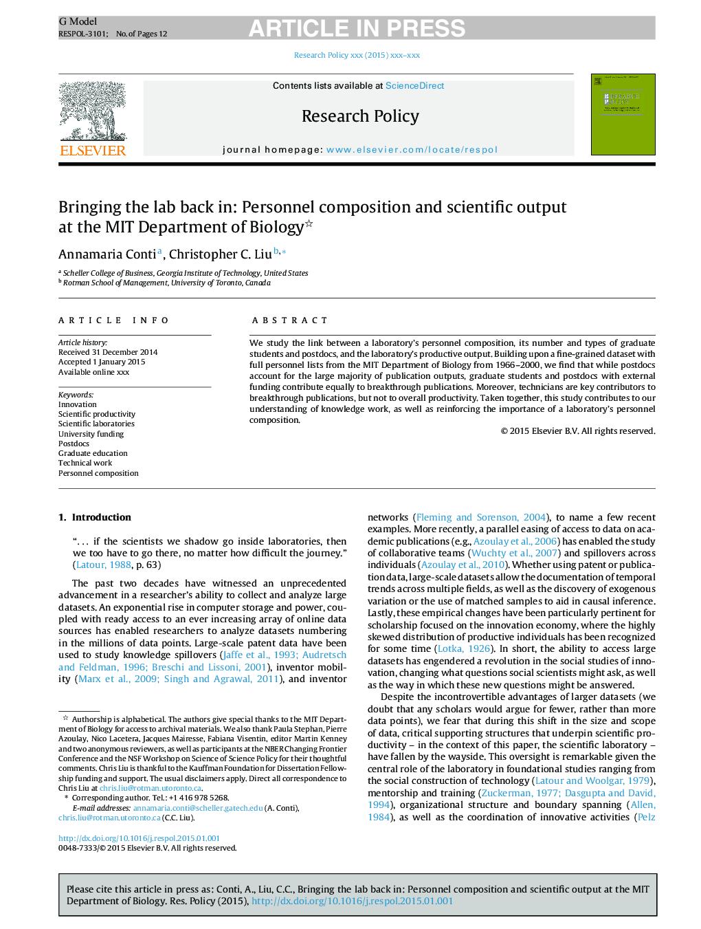 Bringing the lab back in: Personnel composition and scientific output at the MIT Department of Biology