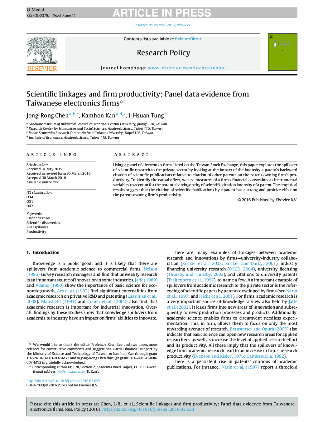 Scientific linkages and firm productivity: Panel data evidence from Taiwanese electronics firms