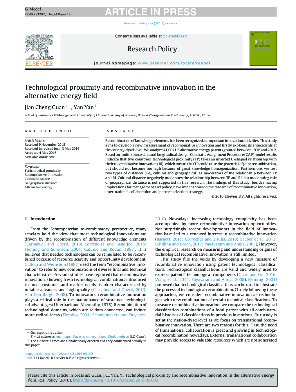Technological proximity and recombinative innovation in the alternative energy field