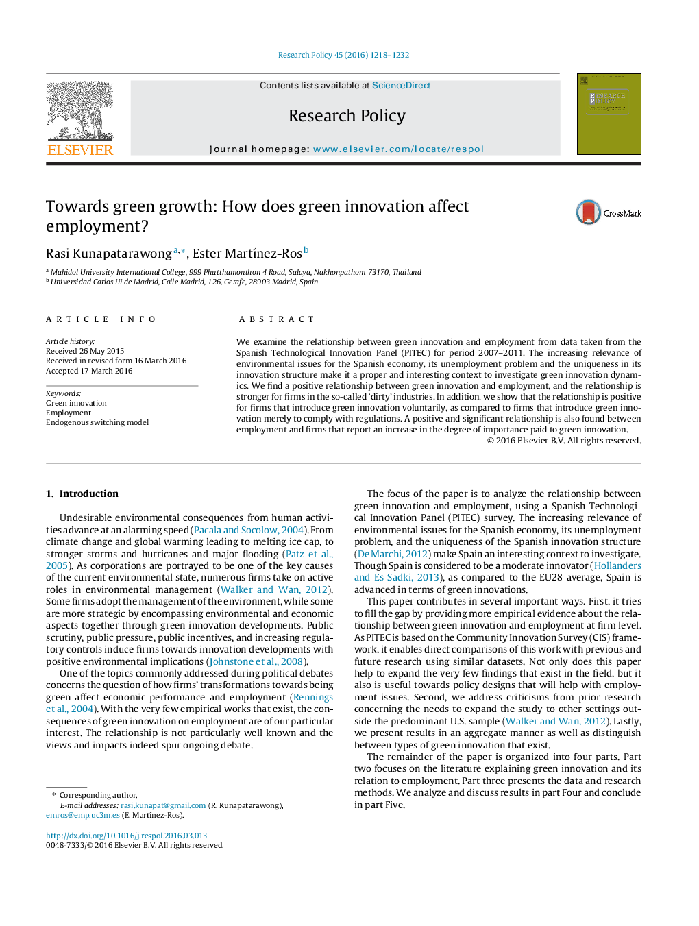 Towards green growth: How does green innovation affect employment?