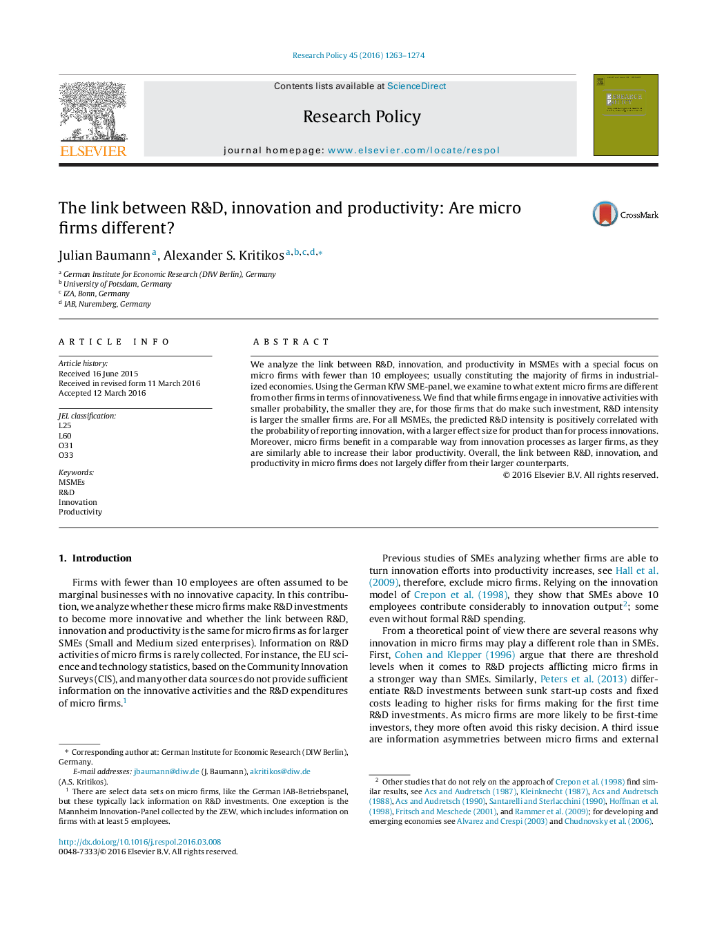 The link between R&D, innovation and productivity: Are micro firms different?