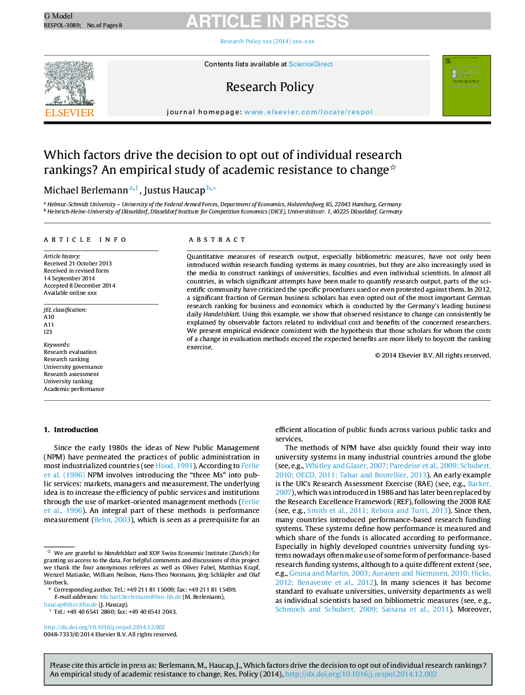 Which factors drive the decision to opt out of individual research rankings? An empirical study of academic resistance to change