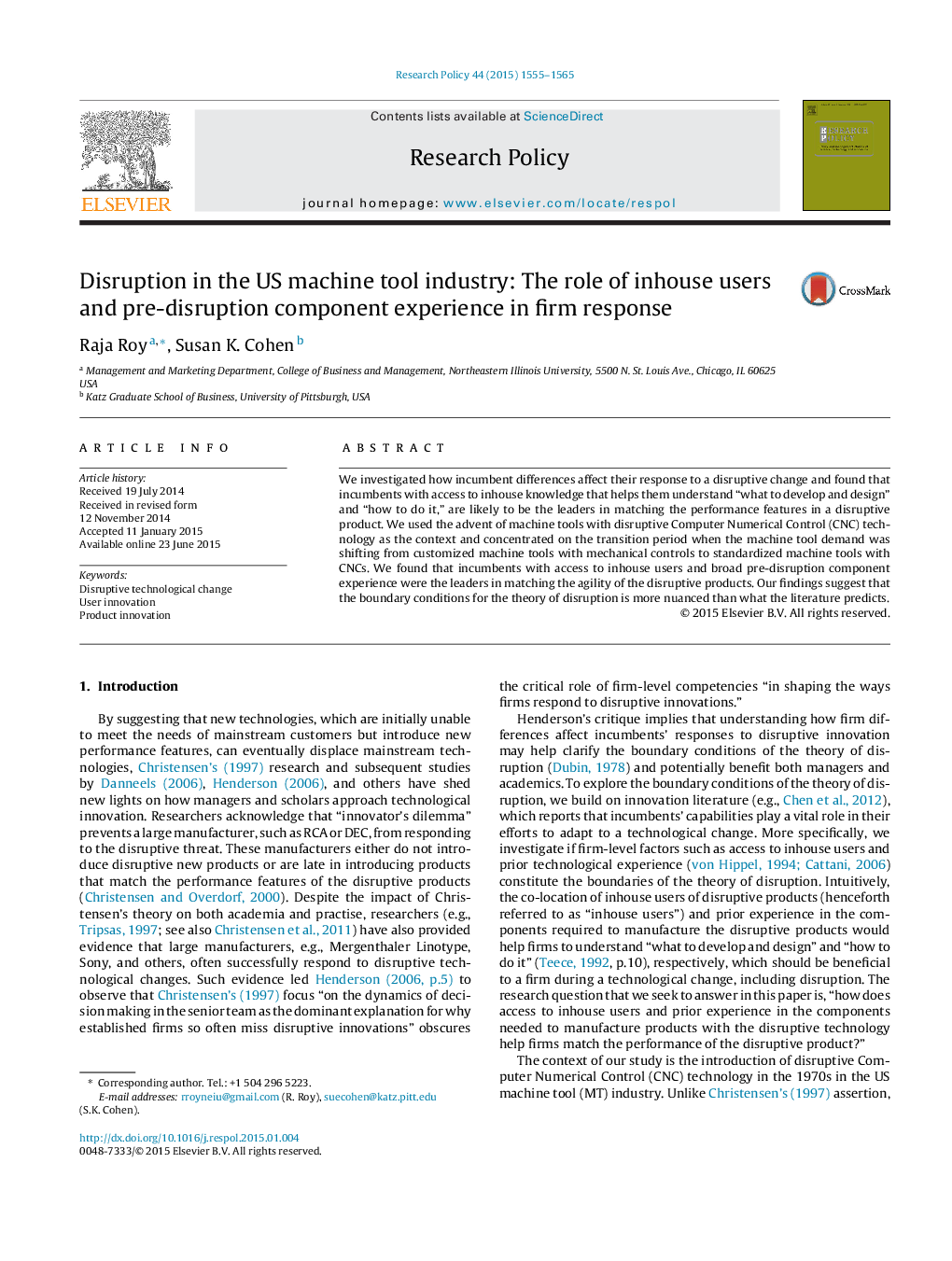 Disruption in the US machine tool industry: The role of inhouse users and pre-disruption component experience in firm response