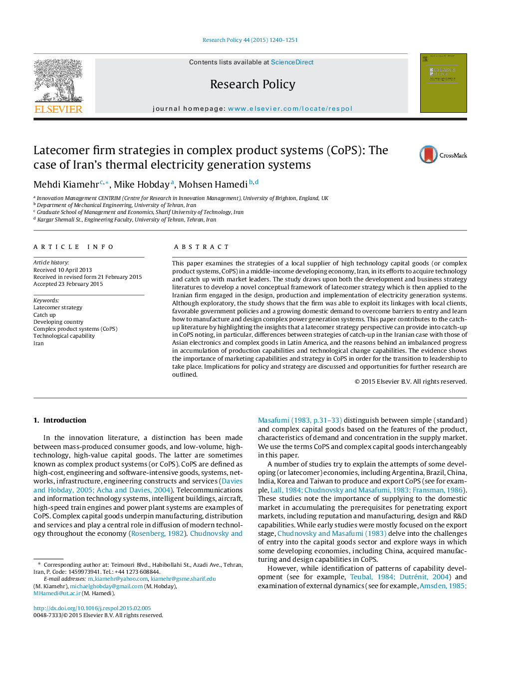 Latecomer firm strategies in complex product systems (CoPS): The case of Iran's thermal electricity generation systems