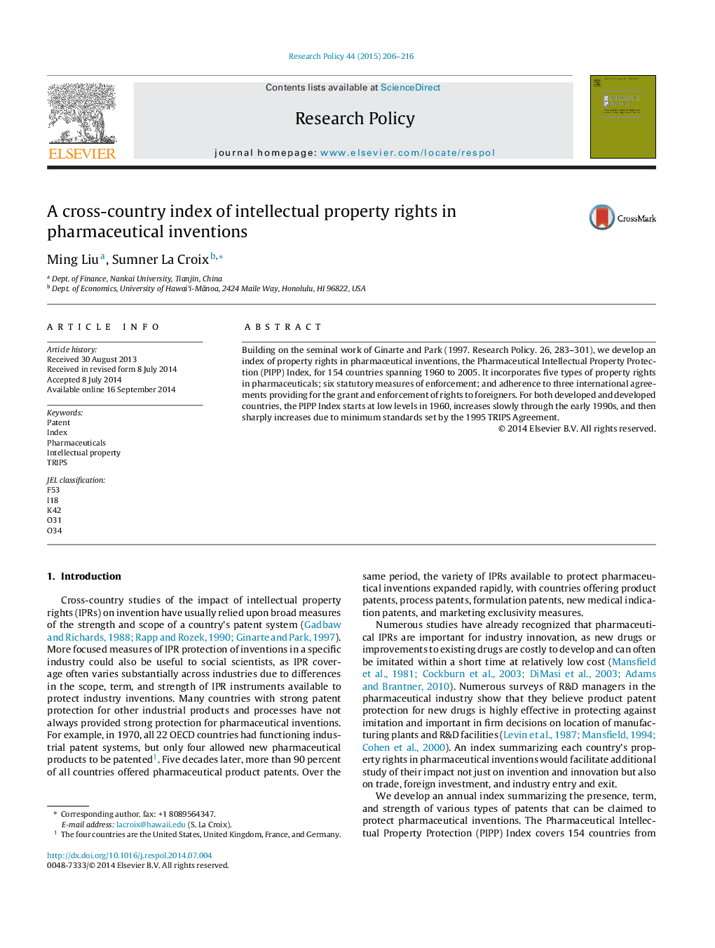 A cross-country index of intellectual property rights in pharmaceutical inventions