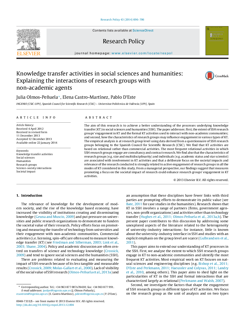 Knowledge transfer activities in social sciences and humanities: Explaining the interactions of research groups with non-academic agents