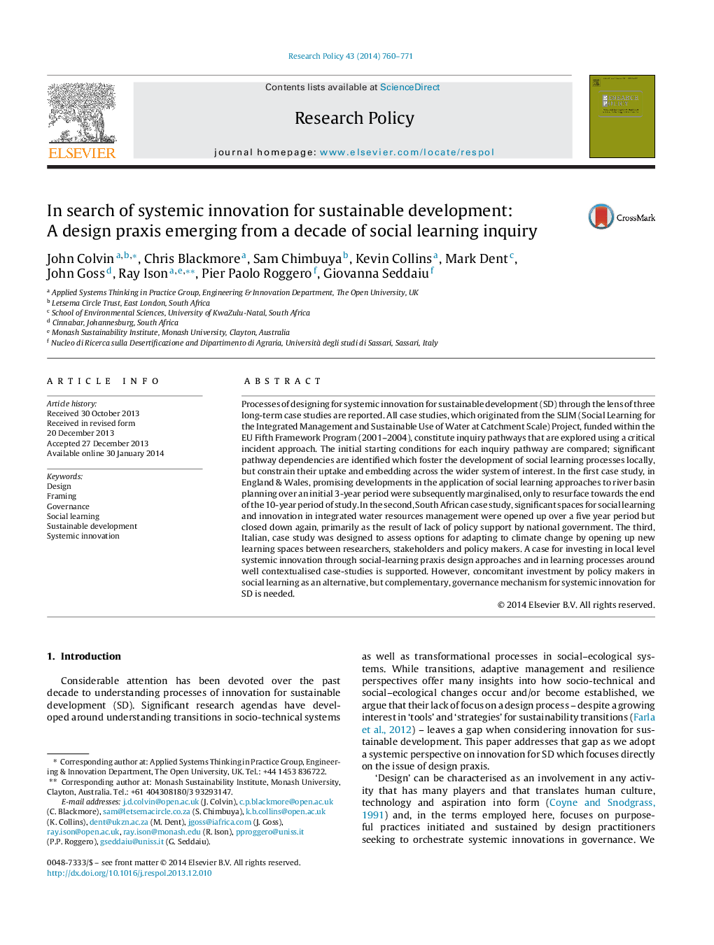 In search of systemic innovation for sustainable development: A design praxis emerging from a decade of social learning inquiry