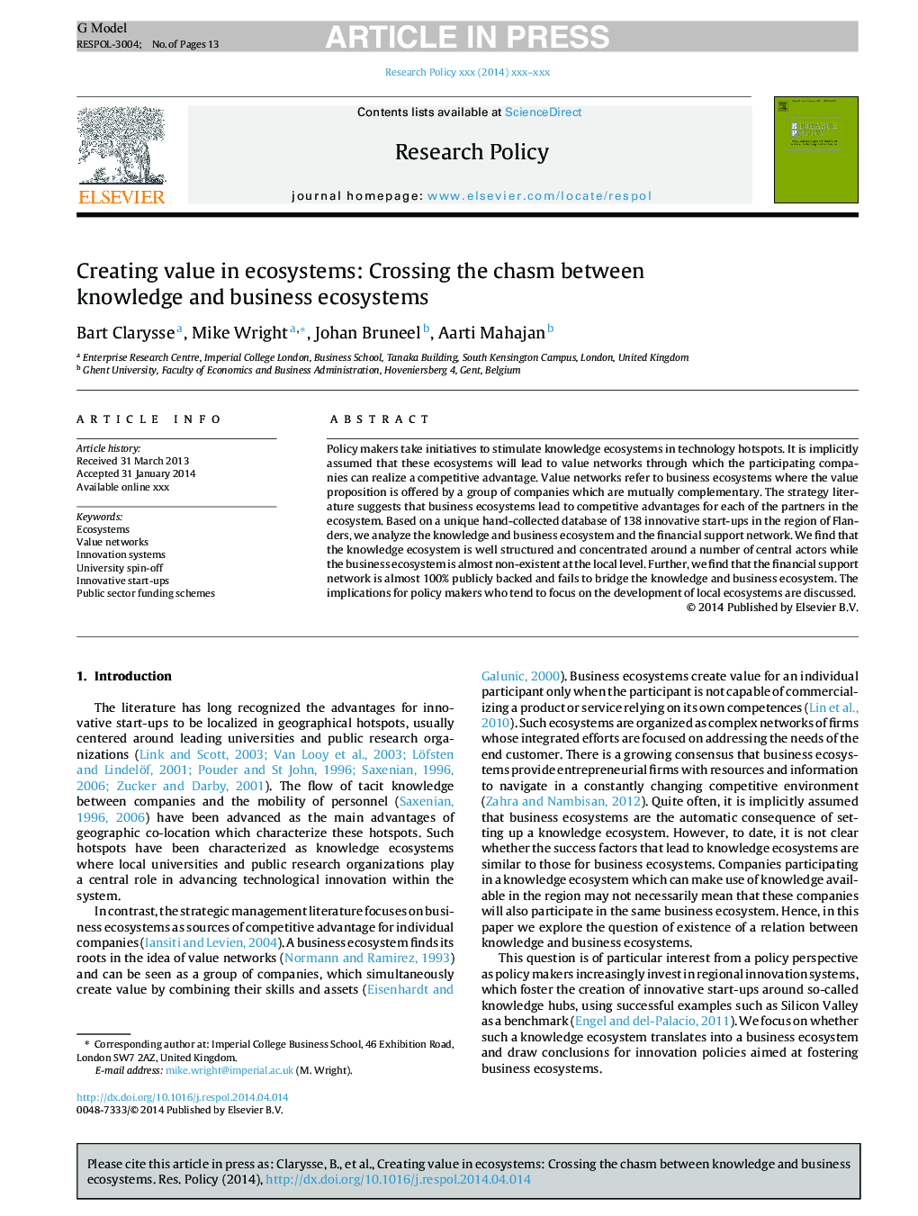 Creating value in ecosystems: Crossing the chasm between knowledge and business ecosystems