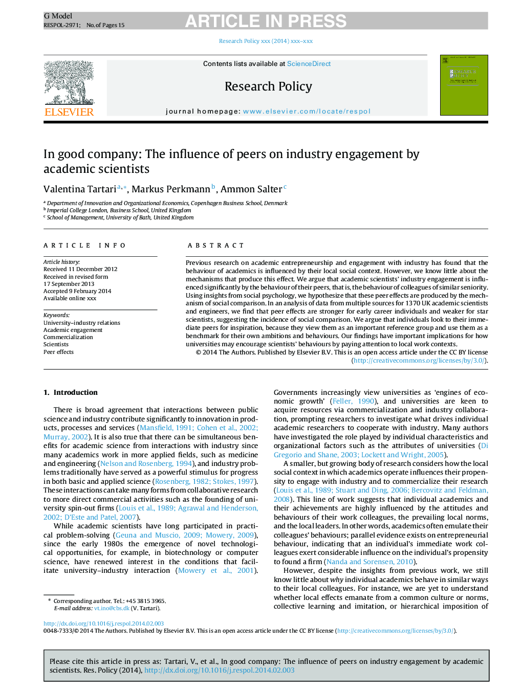 In good company: The influence of peers on industry engagement by academic scientists