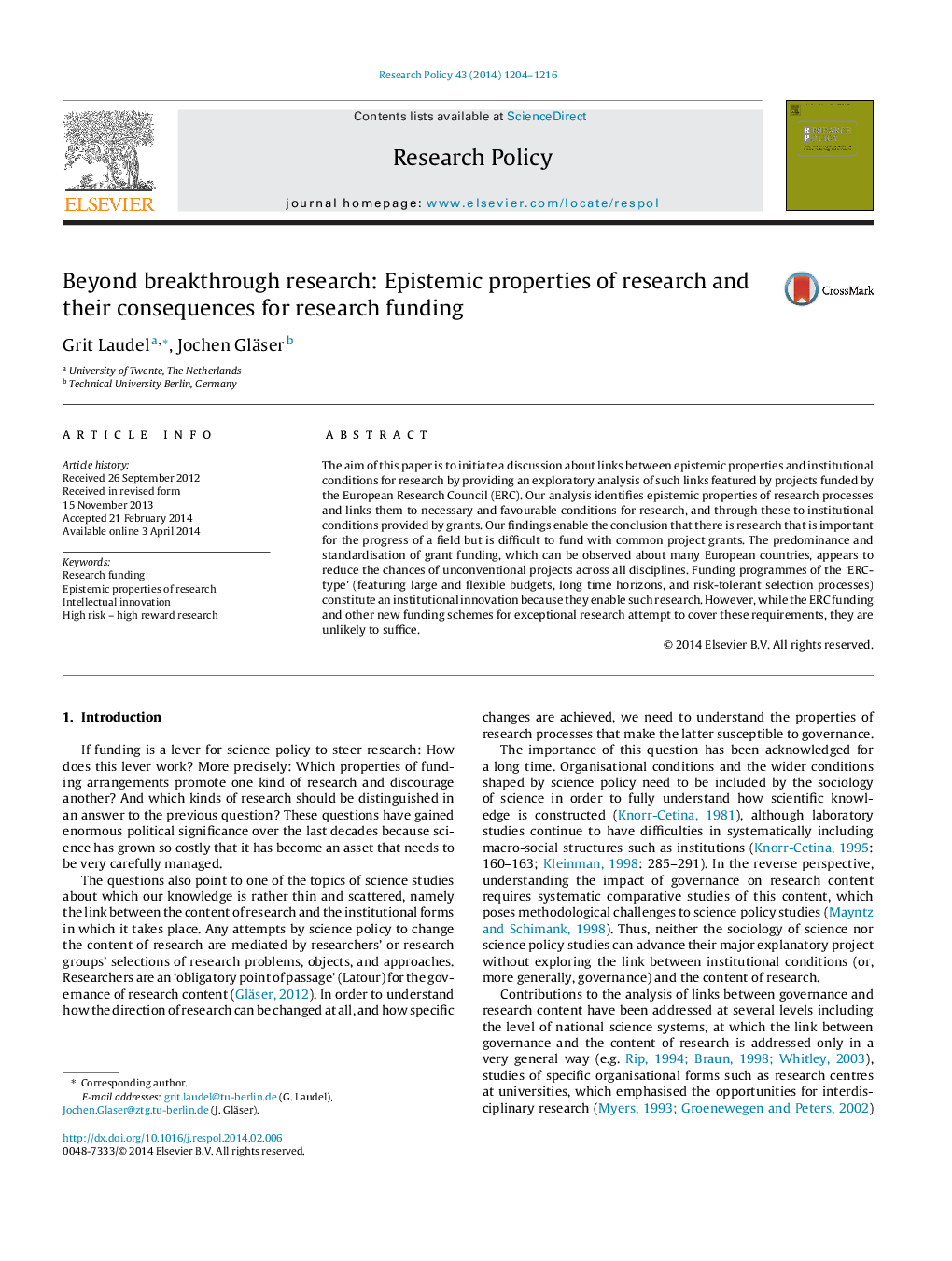 Beyond breakthrough research: Epistemic properties of research and their consequences for research funding