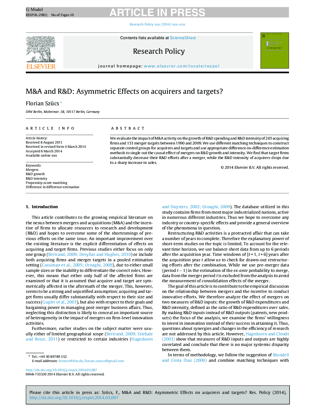 M&A and R&D: Asymmetric Effects on acquirers and targets?