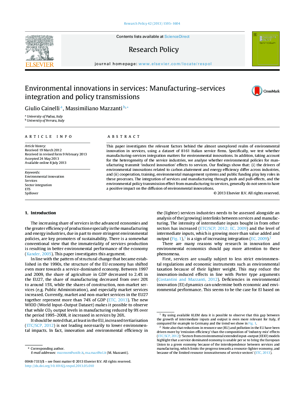 Environmental innovations in services: Manufacturing-services integration and policy transmissions