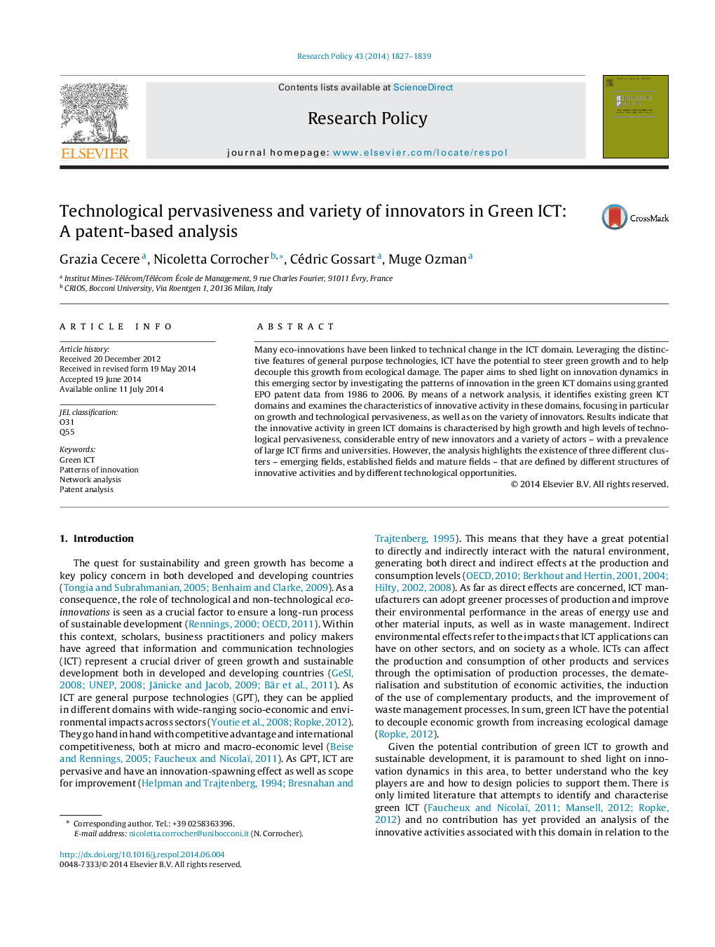 Technological pervasiveness and variety of innovators in Green ICT: A patent-based analysis