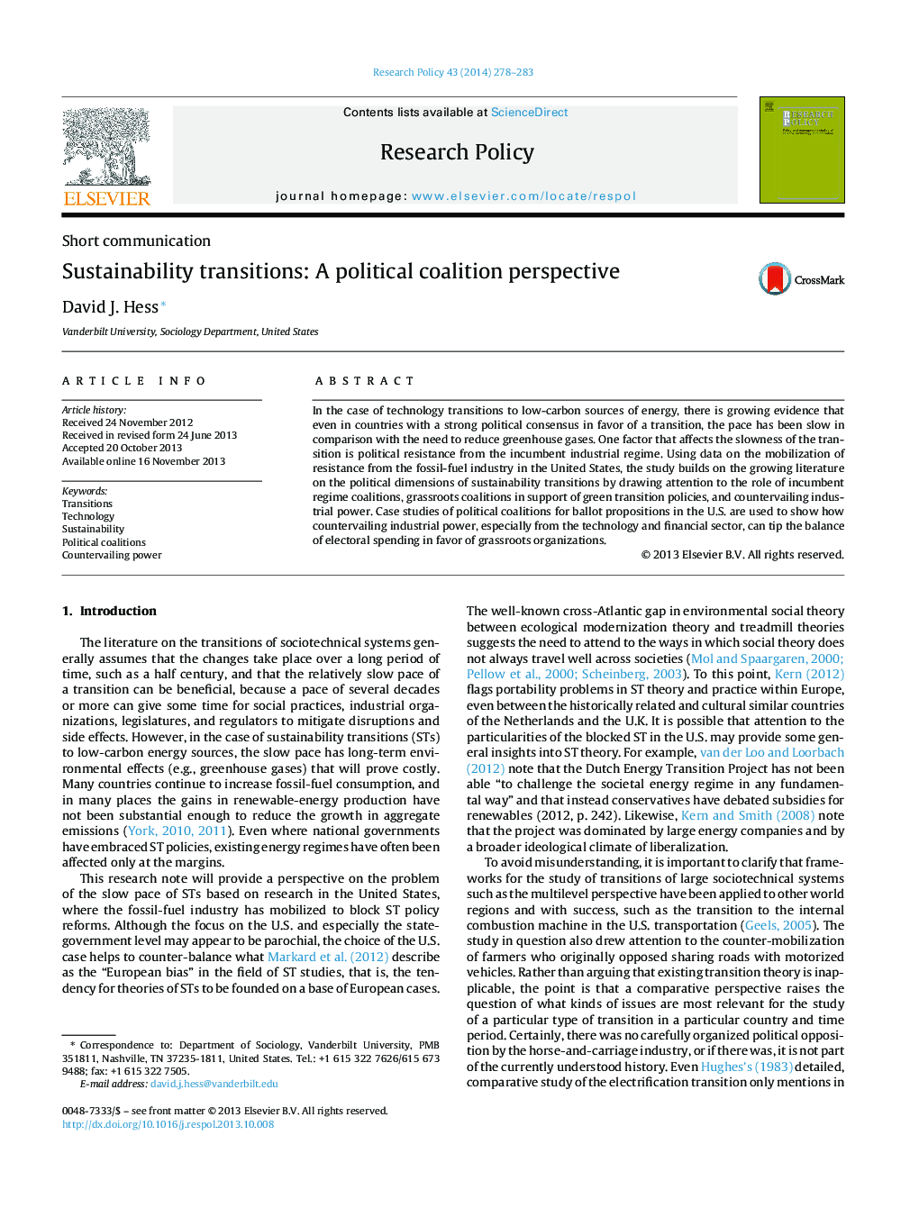 Sustainability transitions: A political coalition perspective