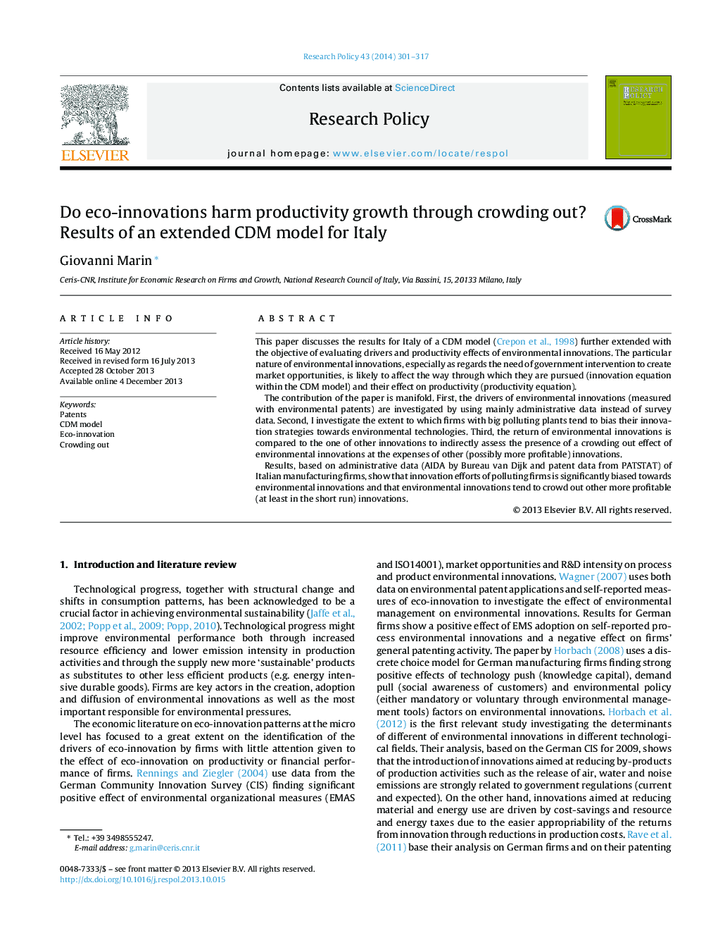 Do eco-innovations harm productivity growth through crowding out? Results of an extended CDM model for Italy