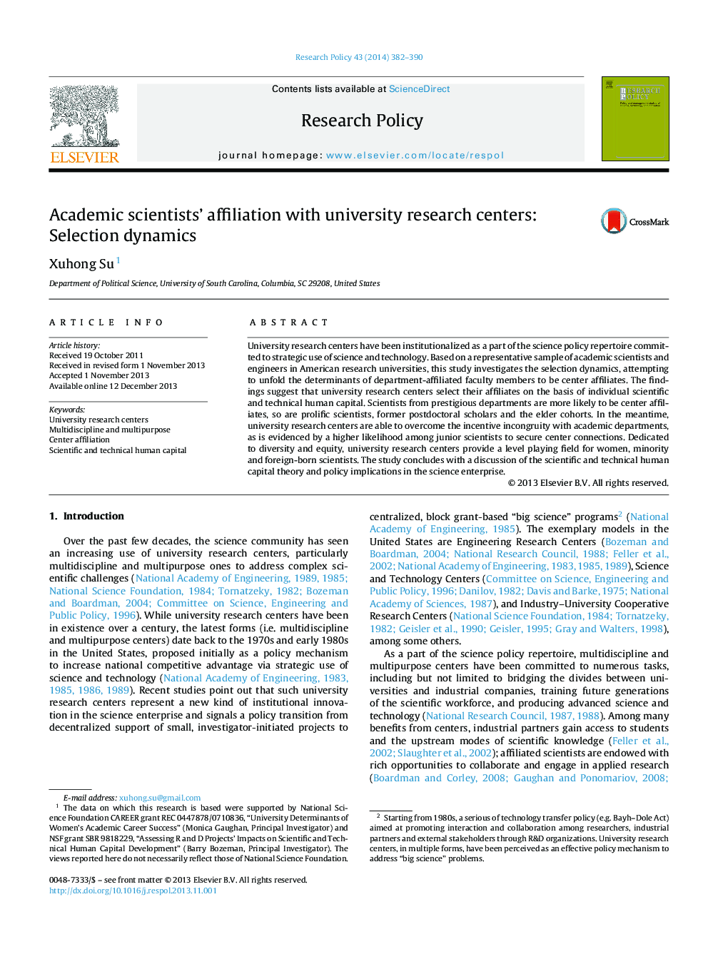 Academic scientists' affiliation with university research centers: Selection dynamics