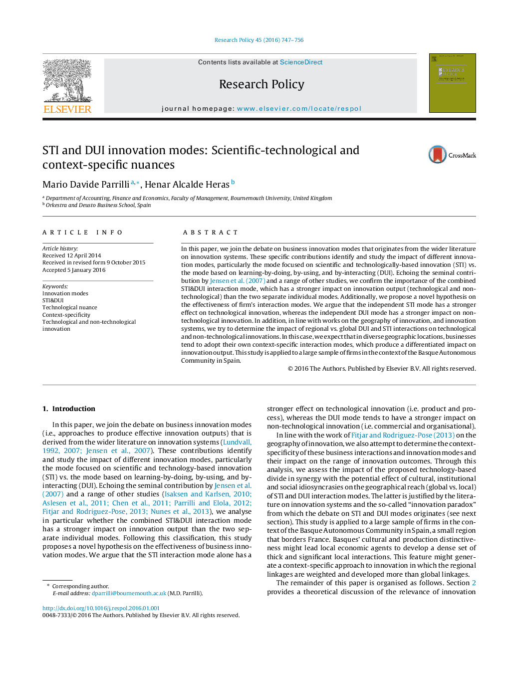 STI and DUI innovation modes: Scientific-technological and context-specific nuances