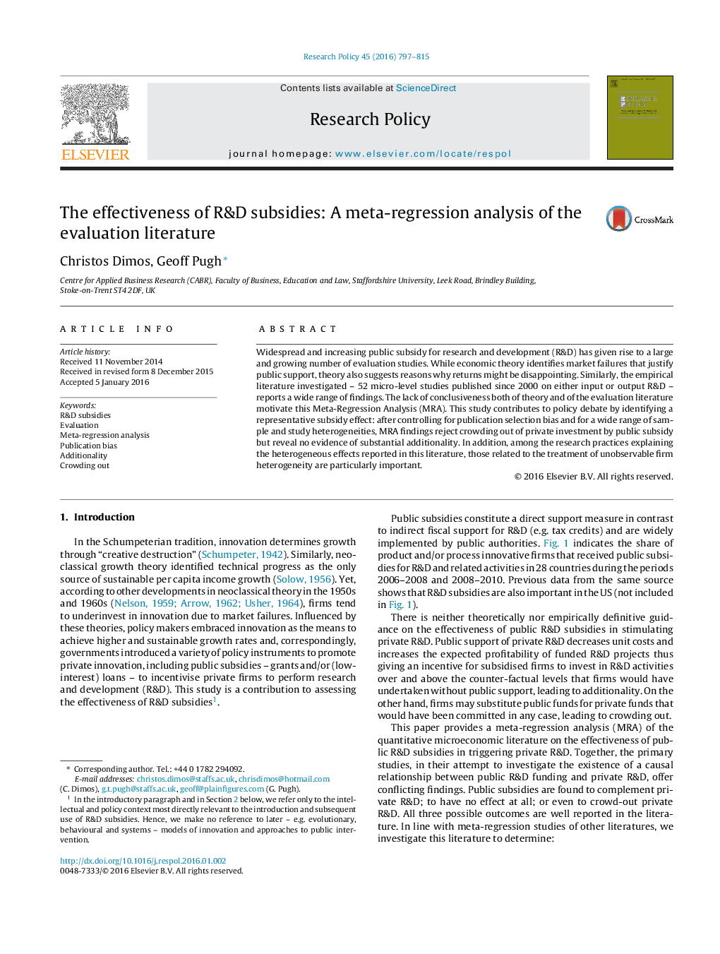 The effectiveness of R&D subsidies: A meta-regression analysis of the evaluation literature