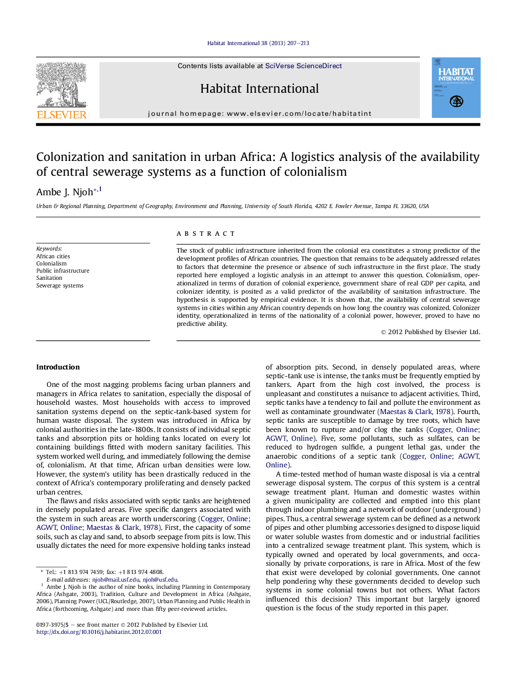 Colonization and sanitation in urban Africa: A logistics analysis of the availability of central sewerage systems as a function of colonialism