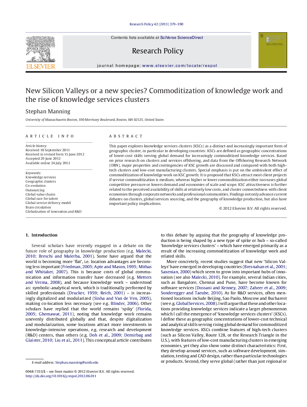 New Silicon Valleys or a new species? Commoditization of knowledge work and the rise of knowledge services clusters