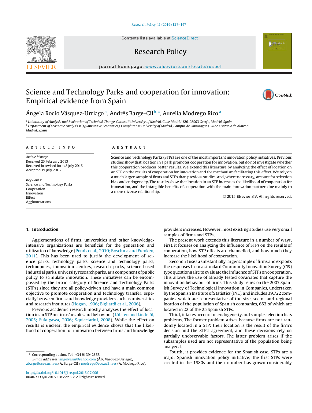 Science and Technology Parks and cooperation for innovation: Empirical evidence from Spain