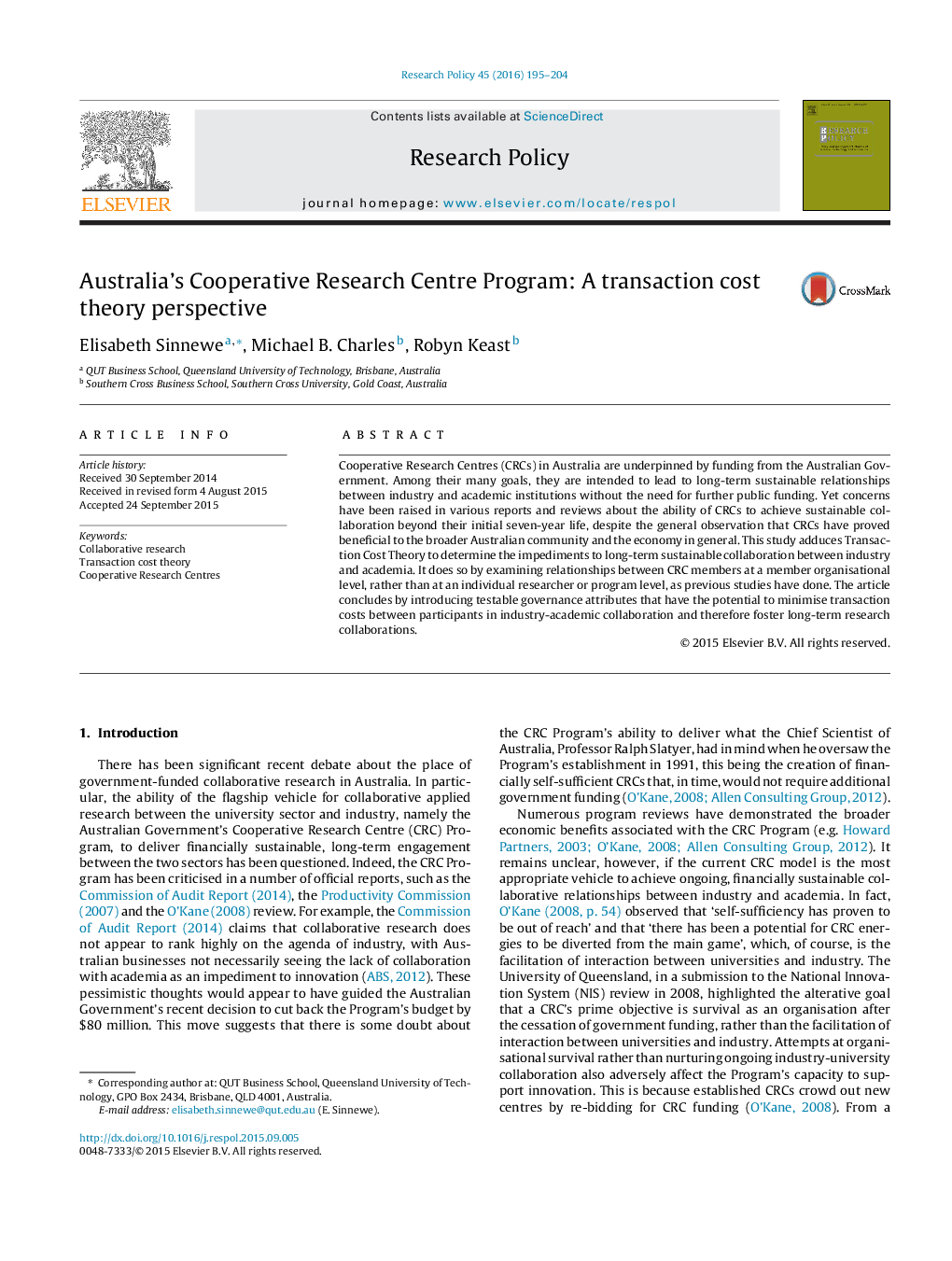 Australia's Cooperative Research Centre Program: A transaction cost theory perspective