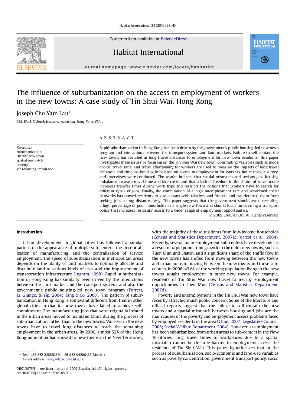 The influence of suburbanization on the access to employment of workers in the new towns: A case study of Tin Shui Wai, Hong Kong