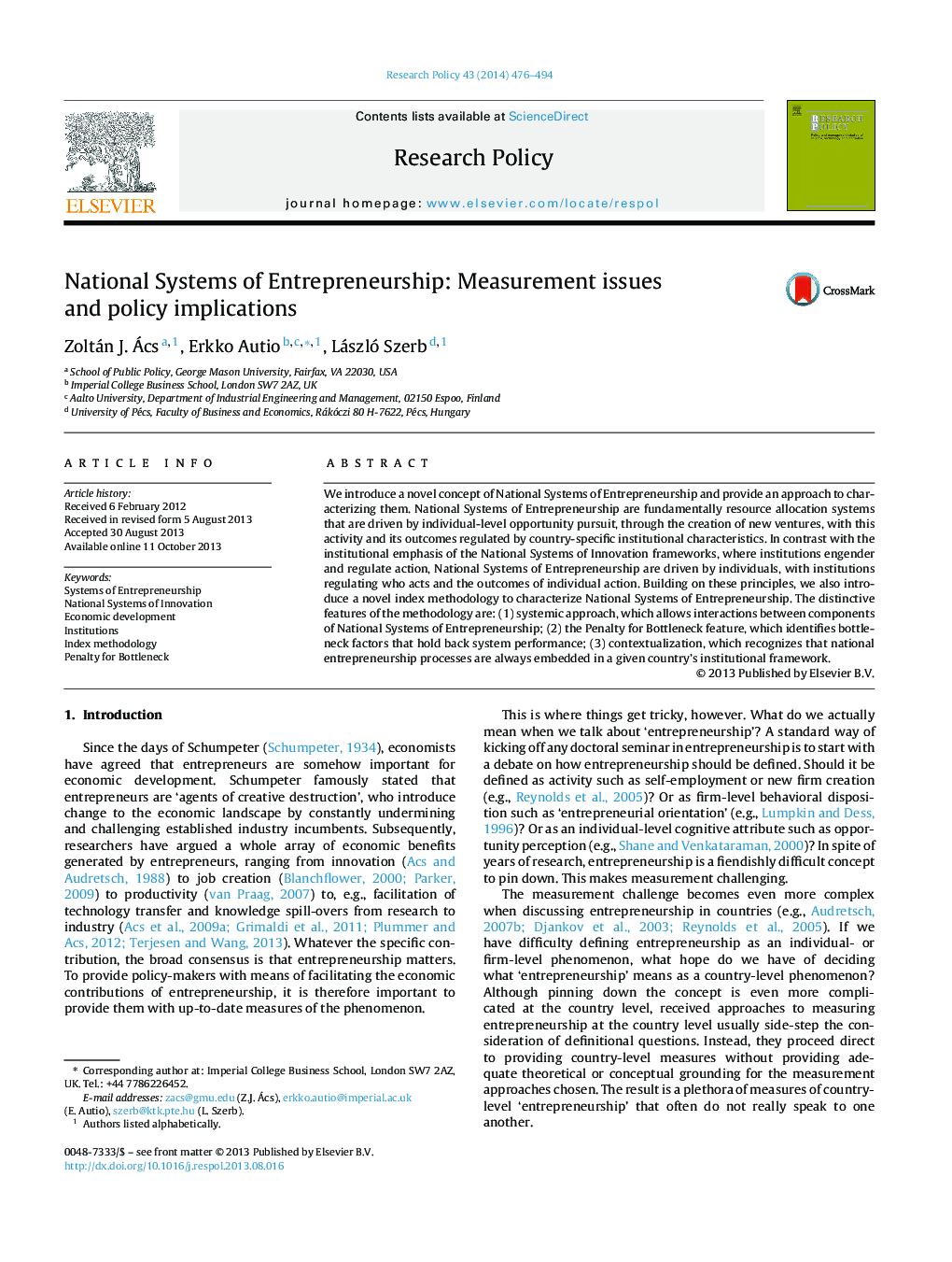 National Systems of Entrepreneurship: Measurement issues and policy implications